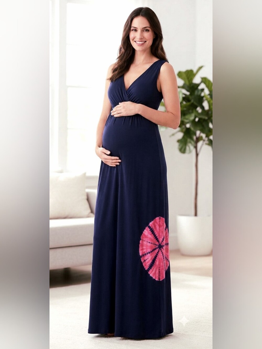 Liz Lange Navy Rayon Maxi Dress with Pink Accent - Maternity Dress - size S
